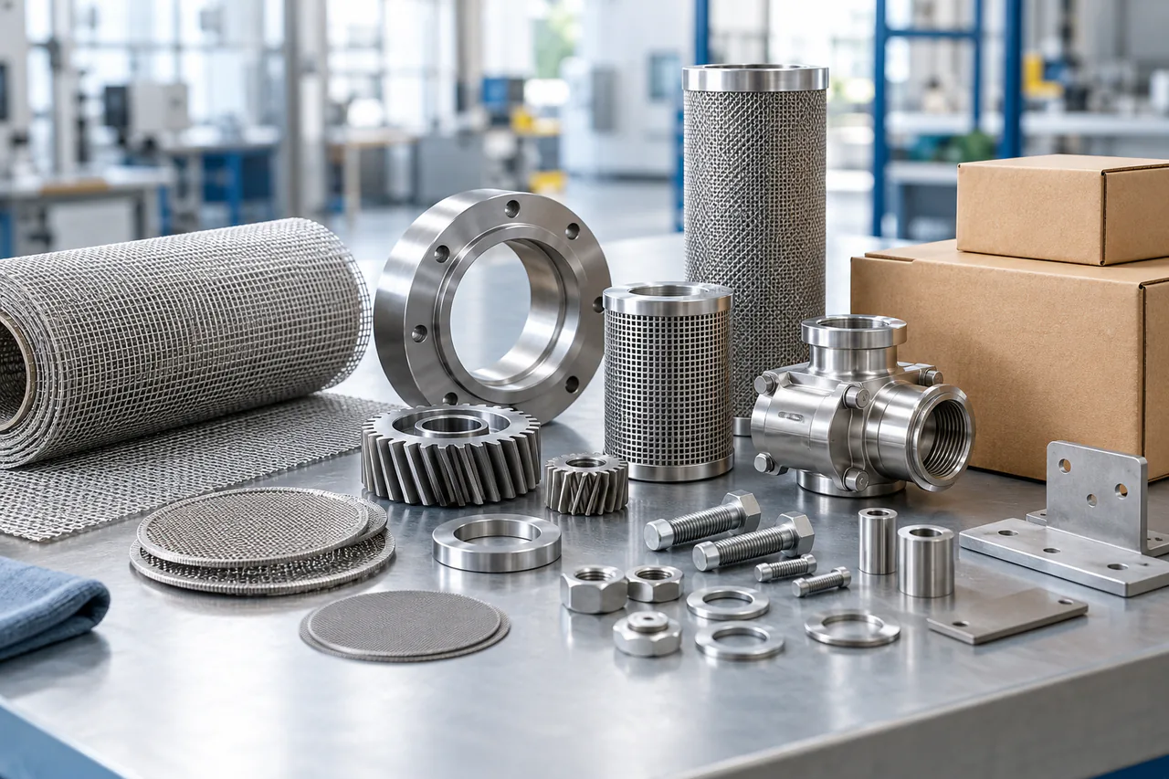 Illustrative industrial materials including metal components, wire mesh, filter media, hardware, mechanical parts, and plain packaging.