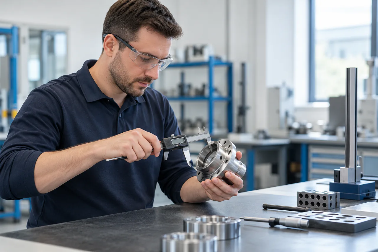 Generic third-party inspection professional measuring a metal component with a digital caliper in an illustrative coordination scene.